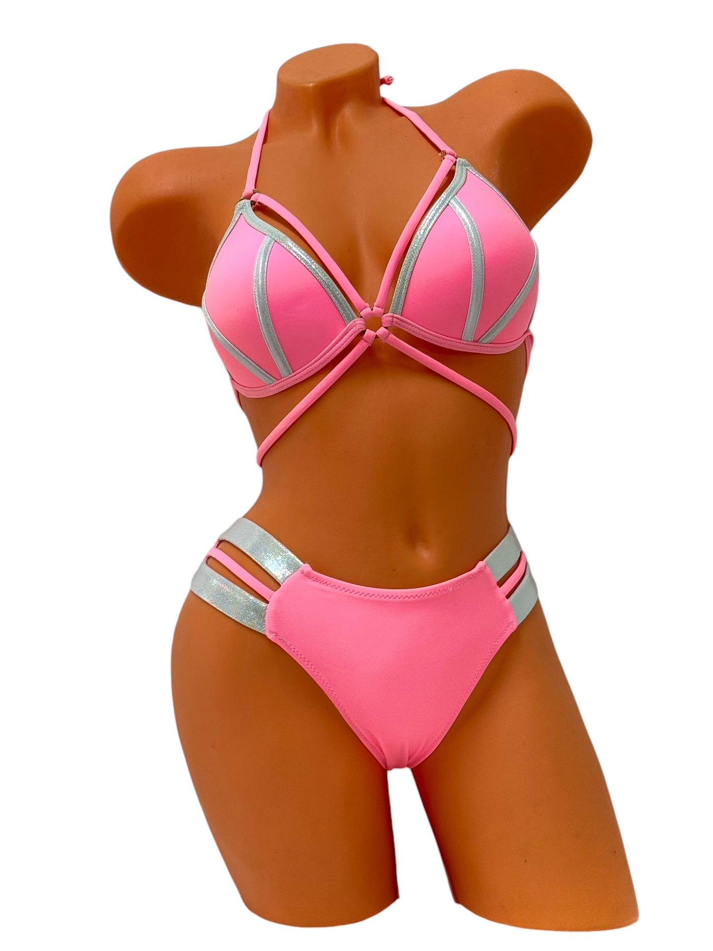 Push-Up Triple Strap Brazilian Bikini Set – Pink / Silver Diva Bikini