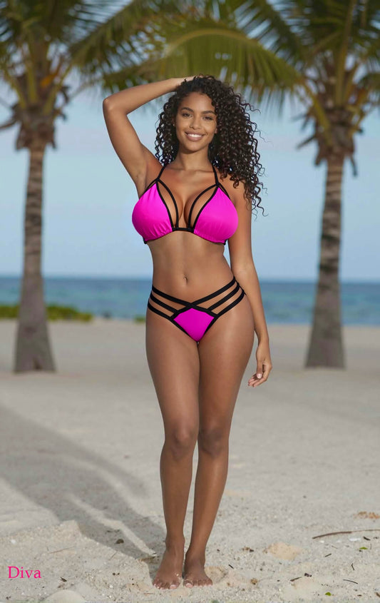 Strappy Triple Strap Thong Bikini Set – Pink / Black Diva Bikini