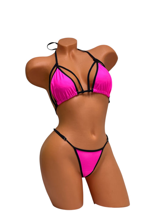 Strappy G-String Bikini Set - Neon Pink / Black