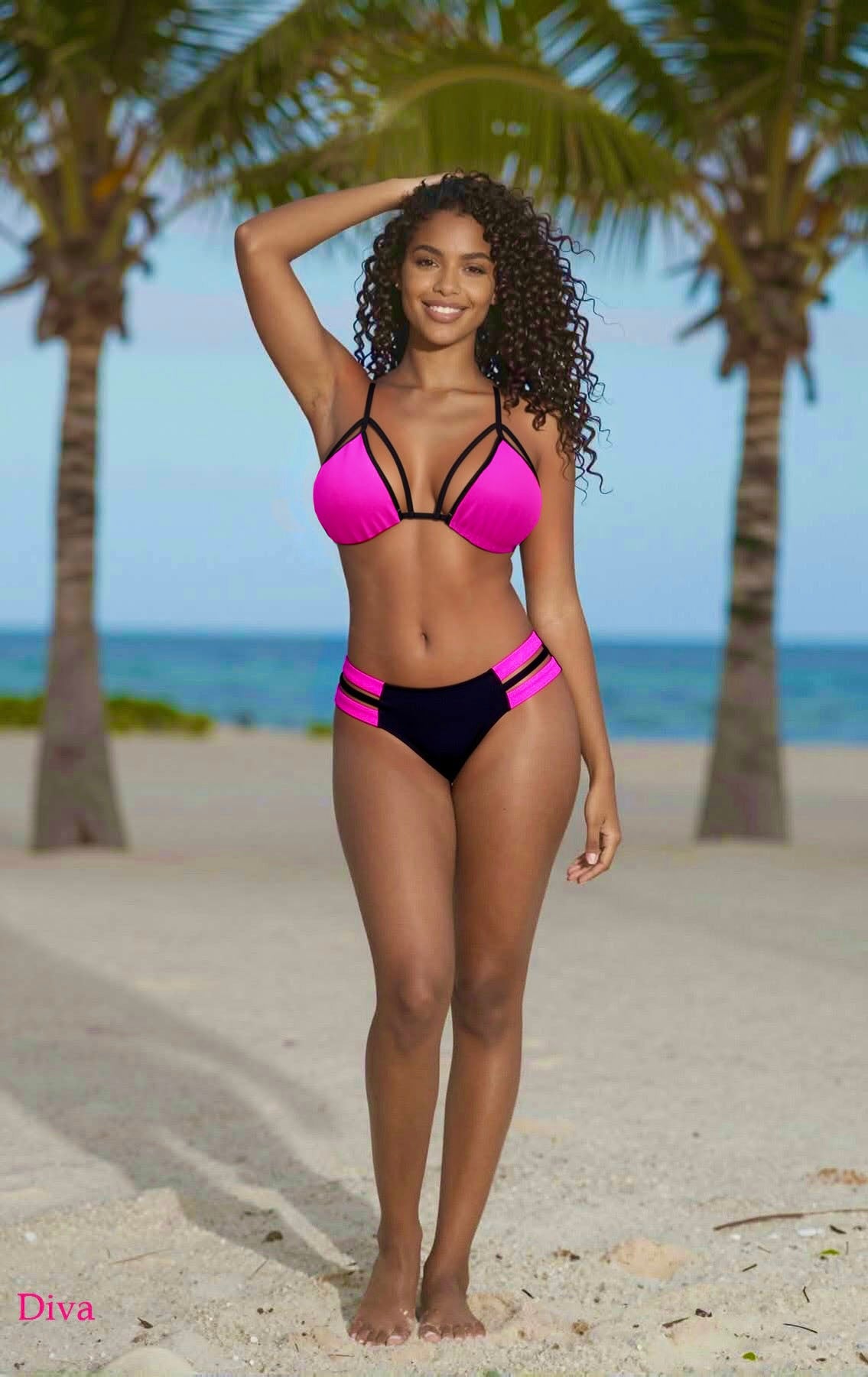 Strappy Brazilian Bikini Set – Pink / Black Diva Bikini