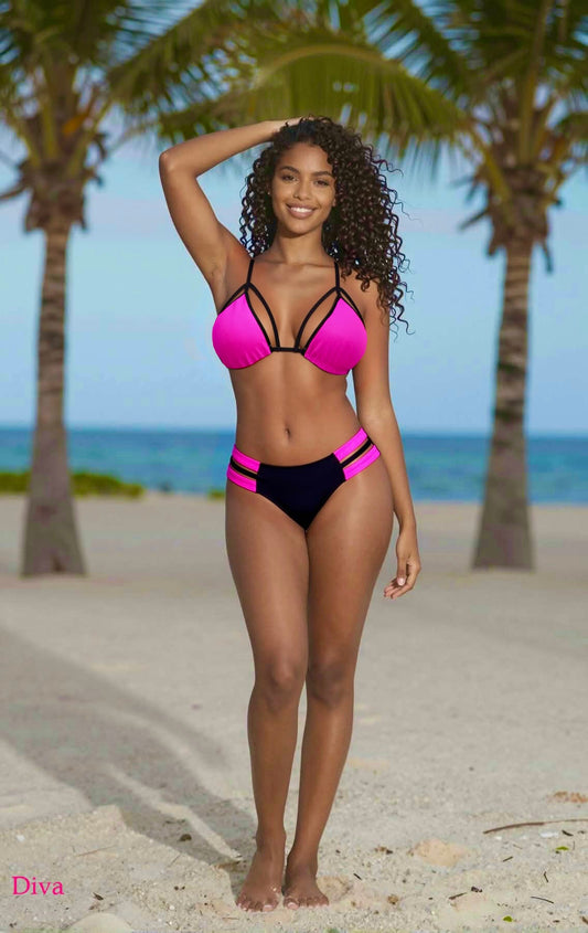 Strappy Brazilian Bikini Set – Pink / Black Diva Bikini