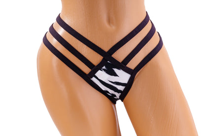 Triple Strap Thong Bikini Bottom - Zebra / Black Diva Bikini