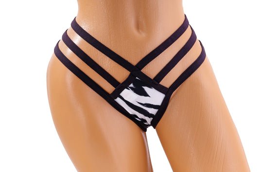 Triple Strap Thong Bikini Bottom - Zebra / Black Diva Bikini